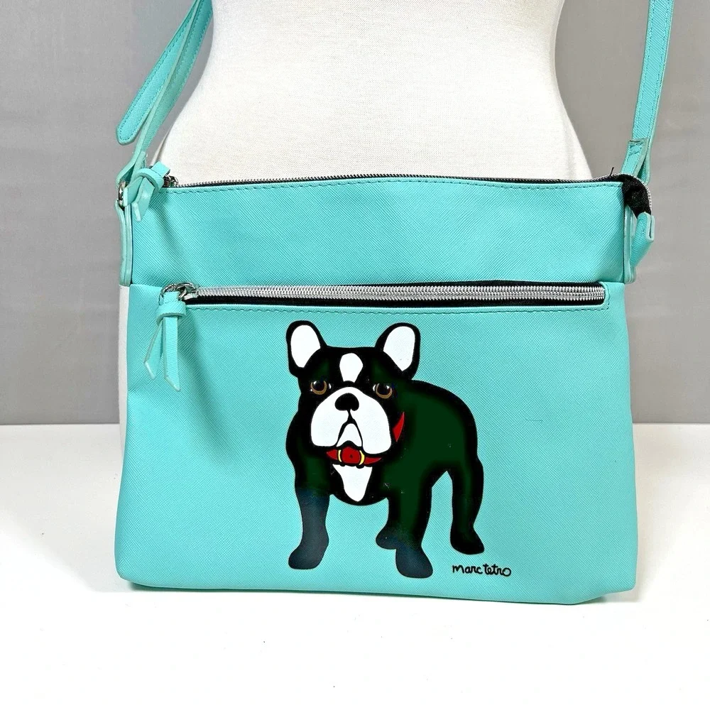 Marc Tetro French Bulldog Crossbody Double Zip Bag Black and White Frenchie Aqua
